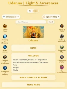 Welcome page of Udanna with the spheres menu and invitation to enter the site