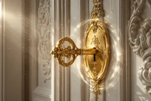 Ключ и щелчок — золотой ключ входит в замок, подтверждая доступ, совпадение и переход в новое состояние