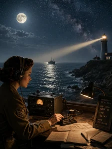 A radio operator receives the call sign 88 by the sea — Morse code, a lighthouse, and the purity of signal between Light and matter. Meanings from the kitchen of our site