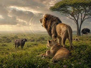 Personal boundaries — a lion roaring in the savanna as an image of protecting one’s own space and inner strength